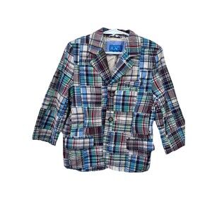 Boys The CHILDREN'S PLACE Sz 4T Sport Coat Jacket Blazer Madras Plaid Patchwork